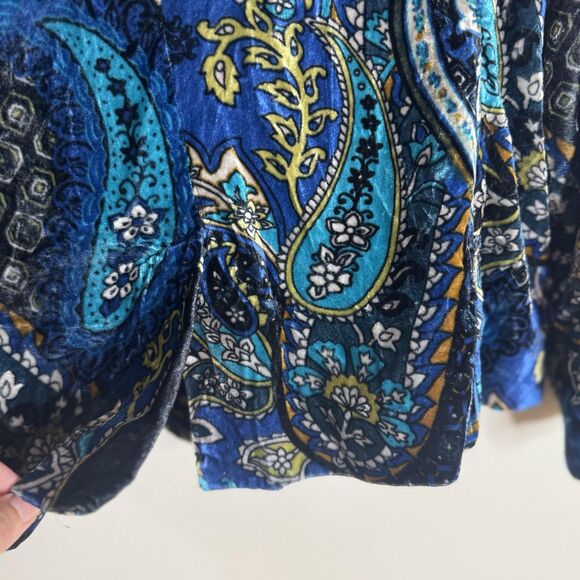 Chicos Blazer Womens S Blue Velvet Paisley Print Button Front Jacket Boho Dressy - Picture 9 of 9